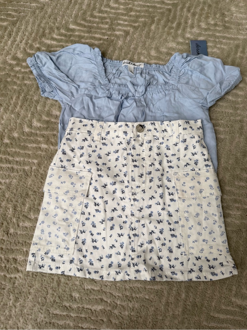 Derek Heart Light Blue Top with White & Blue Floral Skirt Kids Matching Set